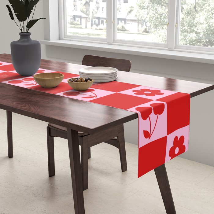 Cherry Flowers Pink & Red Checker Table Runner Gallery Image 2