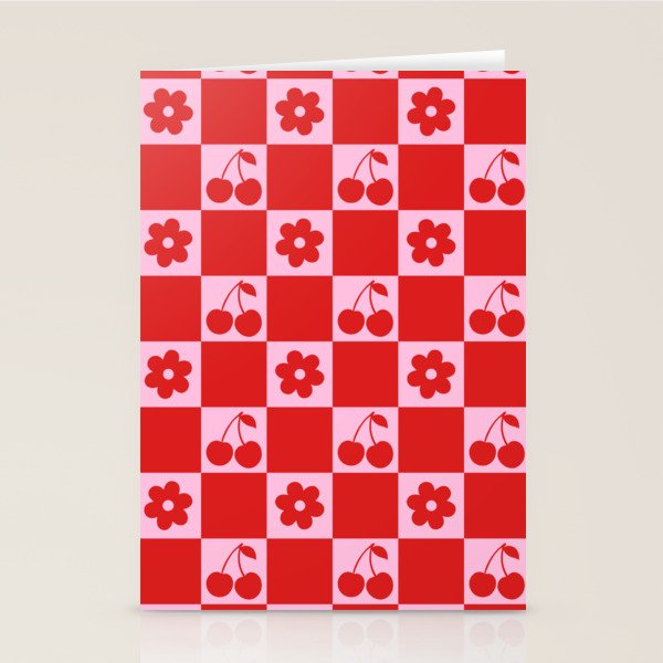Cherry Flowers Pink & Red Checker Stationery Card Gallery Image 2