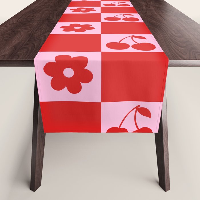 Cherry Flowers Pink & Red Checker Table Runner Gallery Image 1