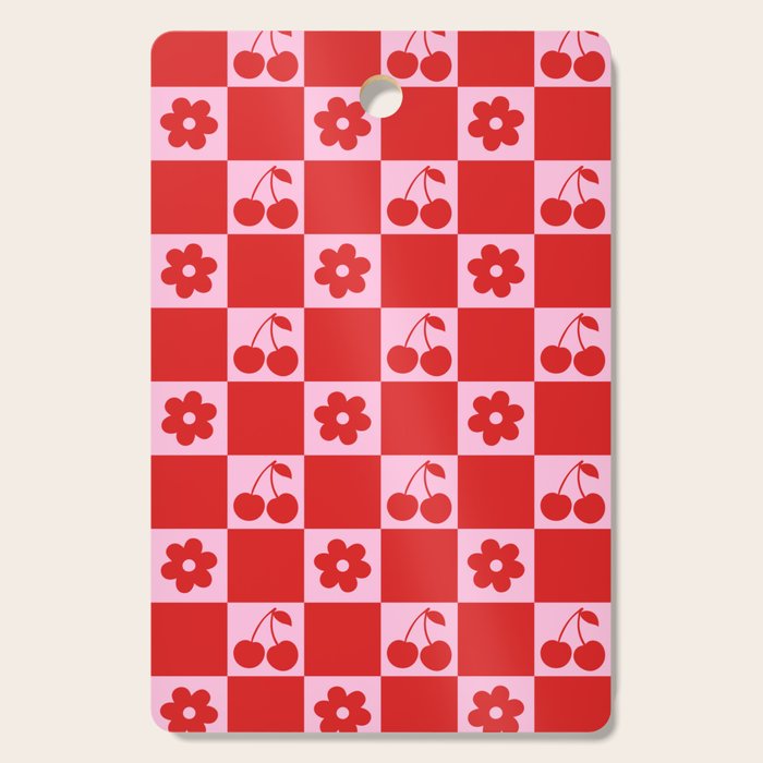 Cherry Flowers Pink & Red Checker Cutting Board Gallery Image 1