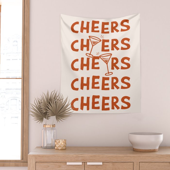 Cheers. Cocktails and Drinks in Burnt Orange and Linen White Wall Tapestry Gallery Image 2