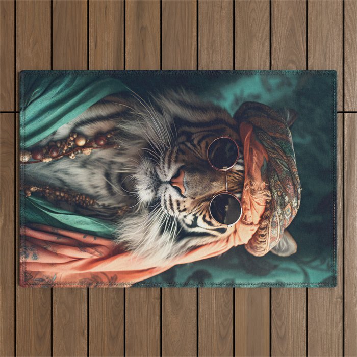 Namastig, Retro Portrait Tiger Prints Outdoor Rug Gallery Image 1