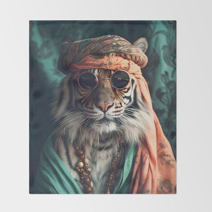 Namastig, Retro Portrait Tiger Prints Throw Blanket Gallery Image 2