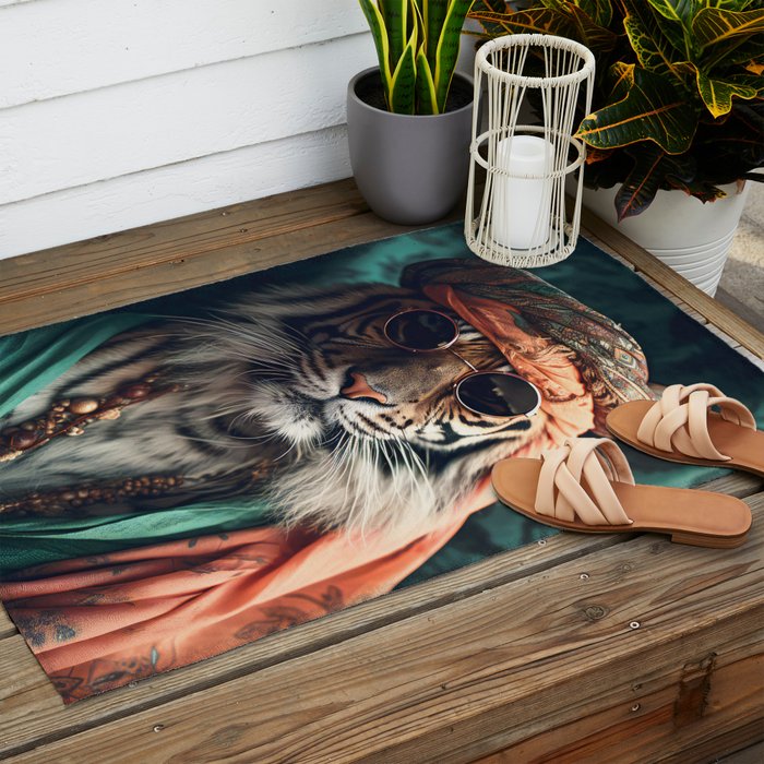 Namastig, Retro Portrait Tiger Prints Outdoor Rug Gallery Image 2