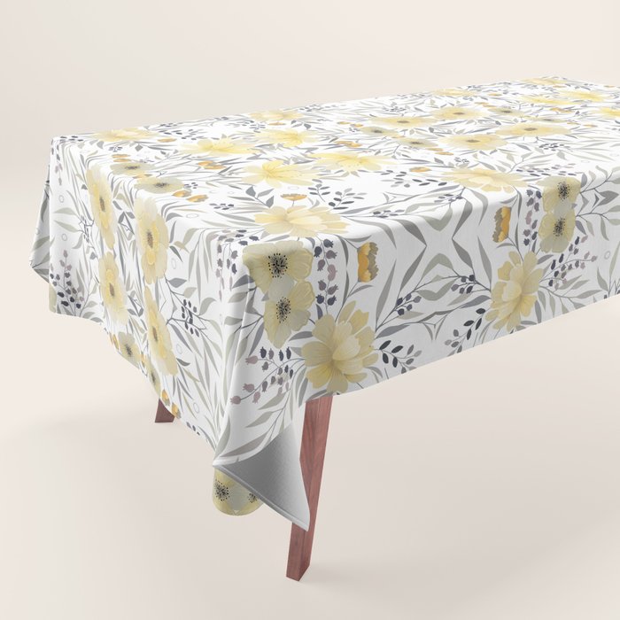 Modern, Floral Prints, Yellow, Gray and White Tablecloth Gallery Image 1
