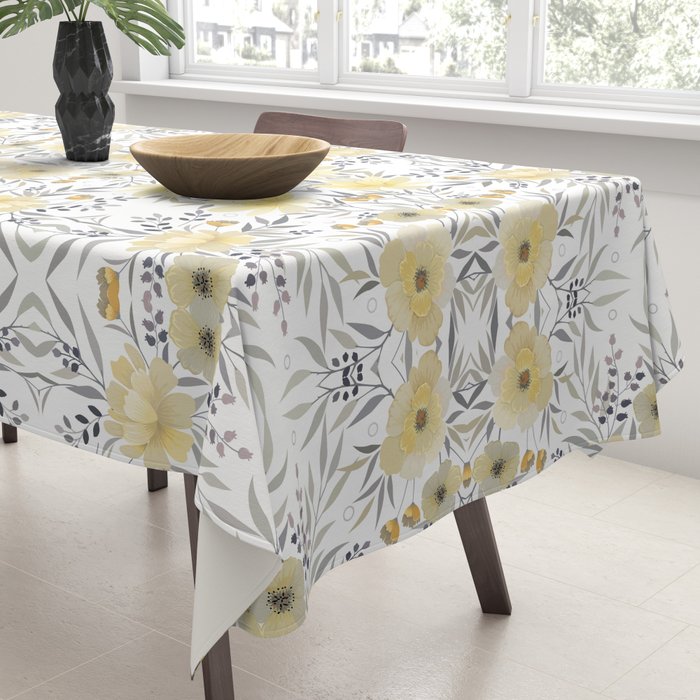 Modern, Floral Prints, Yellow, Gray and White Tablecloth Gallery Image 3