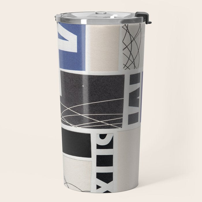 Blue, Black & White Abstract Collage Travel Mug Gallery Image 2