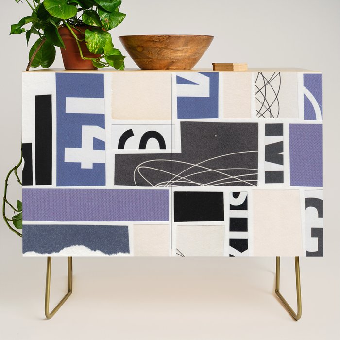 Blue, Black & White Abstract Collage Credenza Gallery Image 1