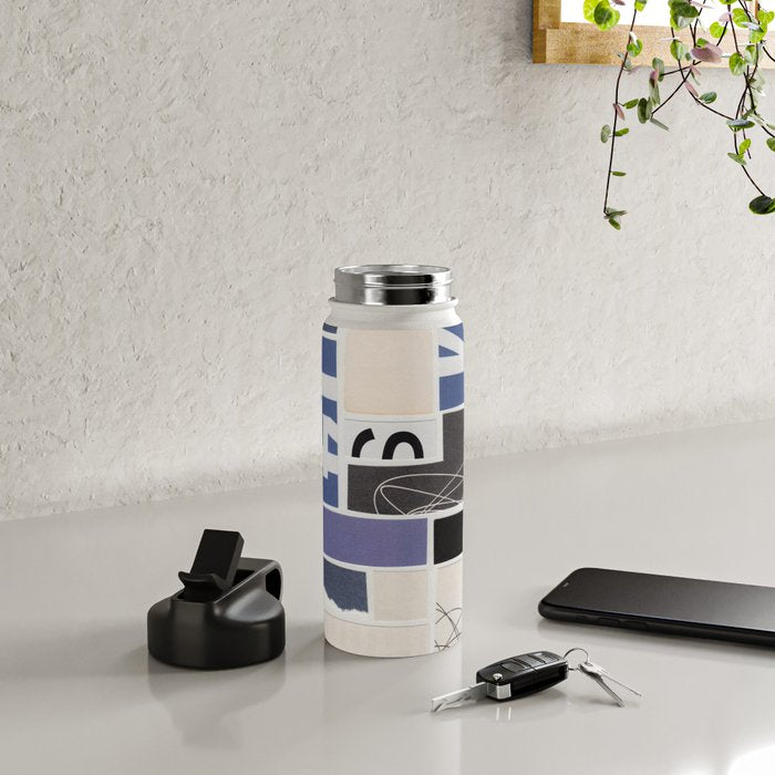 Blue, Black & White Abstract Collage Water Bottle Gallery Image 4