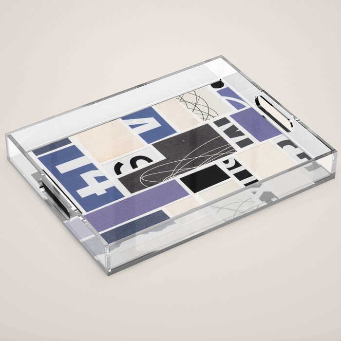 Blue, Black & White Abstract Collage Acrylic Tray Gallery Image 1