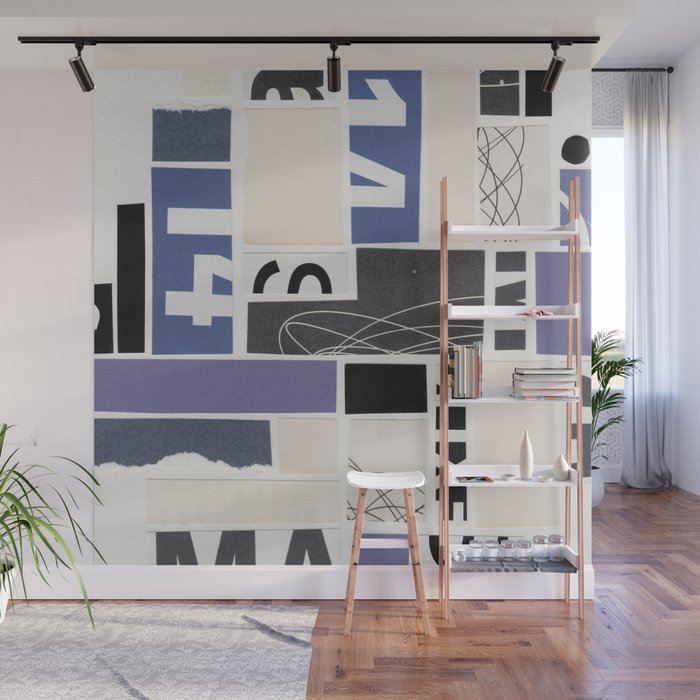 Blue, Black & White Abstract Collage Wall Mural Gallery Image 1