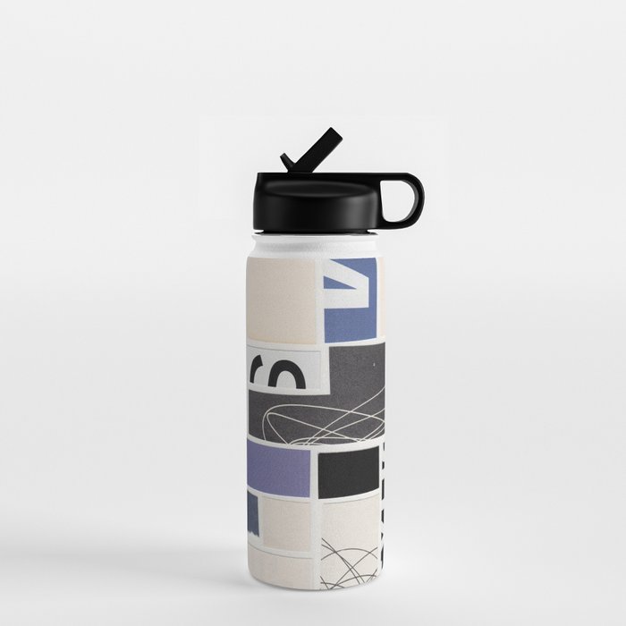 Blue, Black & White Abstract Collage Water Bottle Gallery Image 1