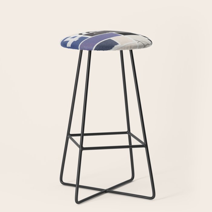 Blue, Black & White Abstract Collage Stool Gallery Image 1
