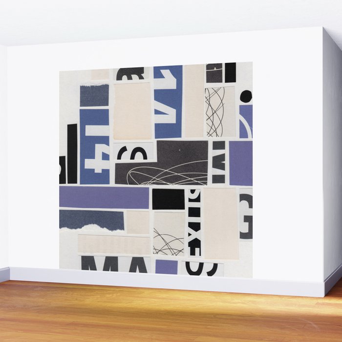 Blue, Black & White Abstract Collage Wall Mural Gallery Image 2