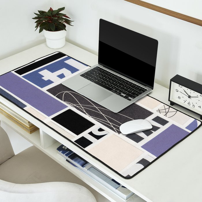 Blue, Black & White Abstract Collage Desk Mat Gallery Image 2