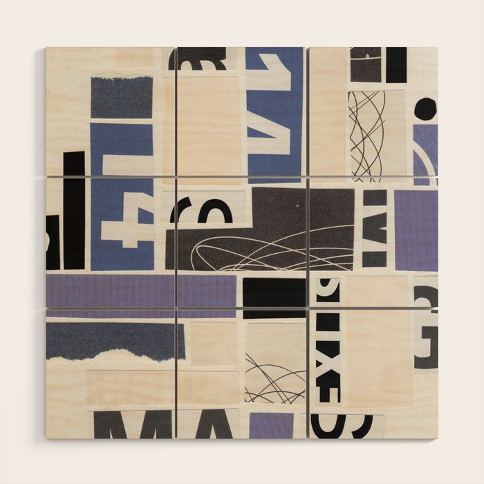 Blue, Black & White Abstract Collage Wood Wall Art Gallery Image 1
