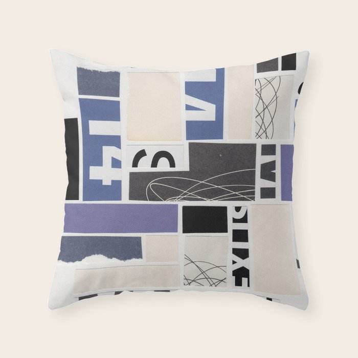 Blue, Black & White Abstract Collage Throw Pillow Gallery Image 6