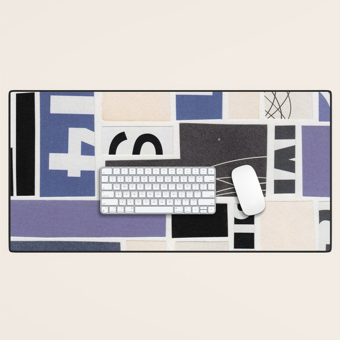 Blue, Black & White Abstract Collage Desk Mat Gallery Image 1