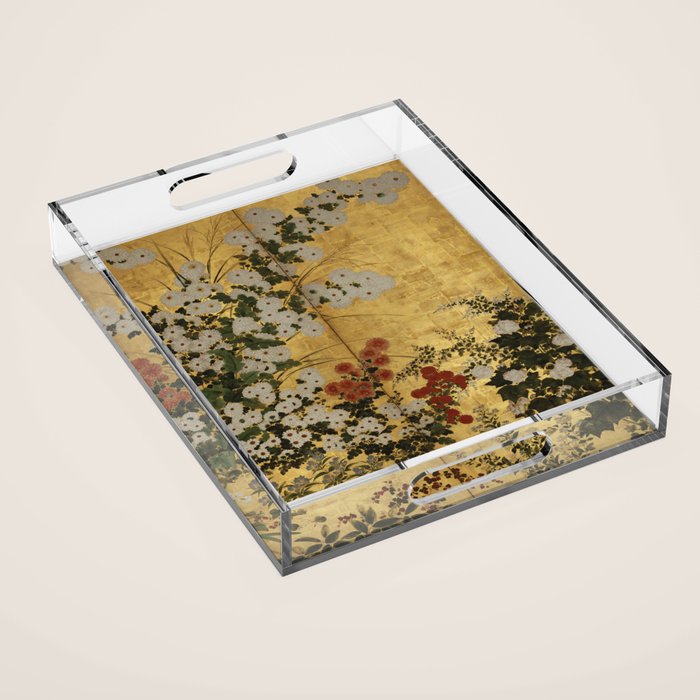 White Red Chrysanthemums Floral Japanese Gold Screen Acrylic Tray Gallery Image 1