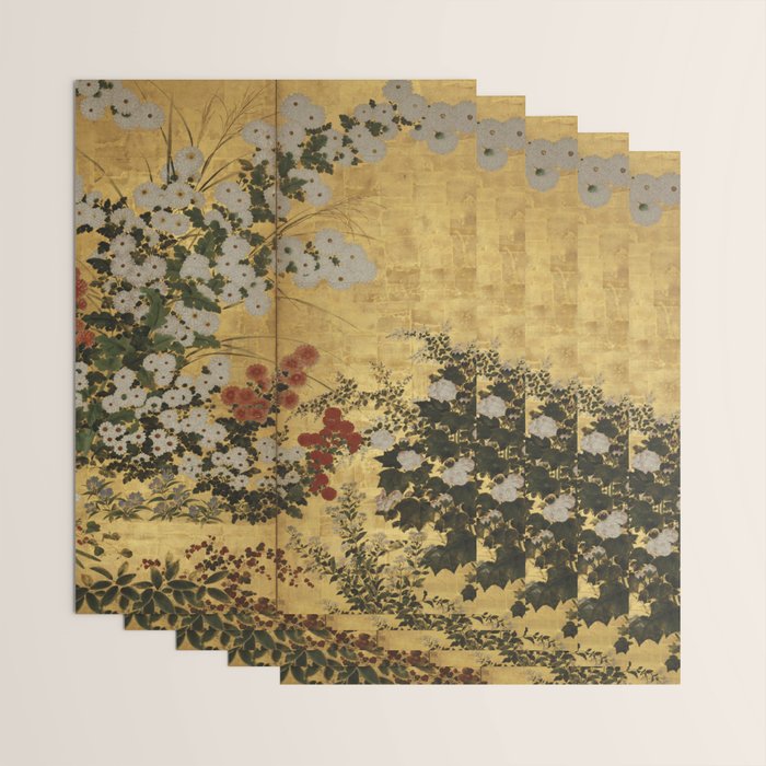 White Red Chrysanthemums Floral Japanese Gold Screen Wrapping Paper Gallery Image 3