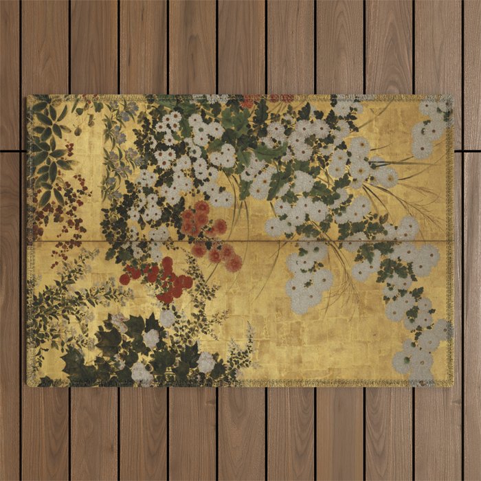 White Red Chrysanthemums Floral Japanese Gold Screen Outdoor Rug Gallery Image 1