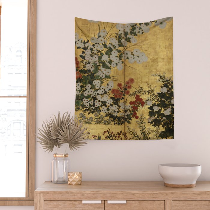White Red Chrysanthemums Floral Japanese Gold Screen Wall Tapestry Gallery Image 2