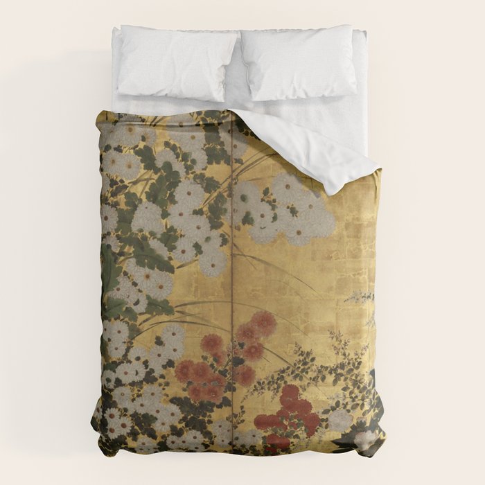 White Red Chrysanthemums Floral Japanese Gold Screen Duvet Cover Gallery Image 6