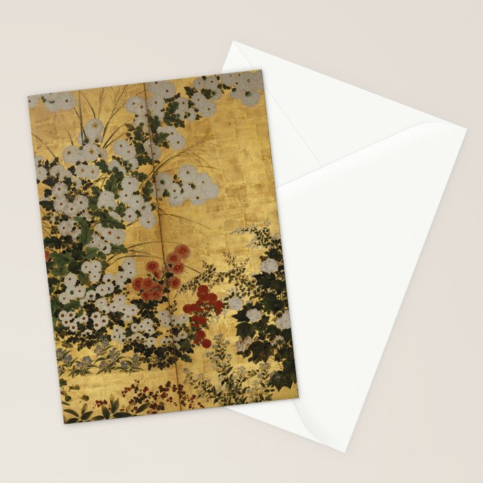 White Red Chrysanthemums Floral Japanese Gold Screen Stationery Card Gallery Image 2