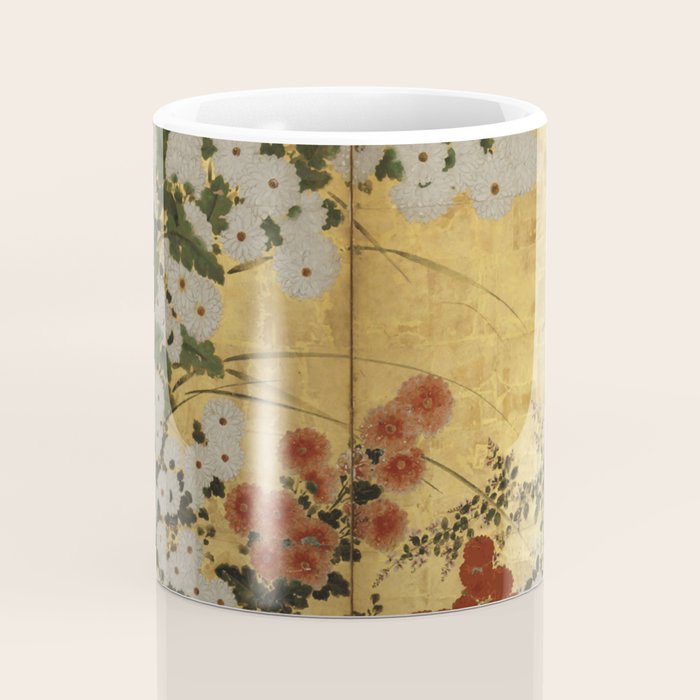 White Red Chrysanthemums Floral Japanese Gold Screen Coffee Mug Gallery Image 4