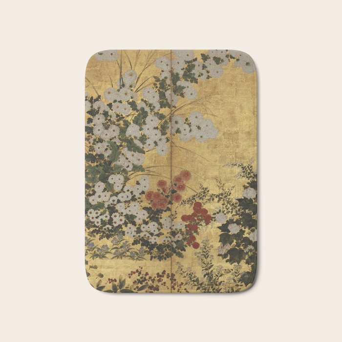 White Red Chrysanthemums Floral Japanese Gold Screen Bath Mat Gallery Image 1
