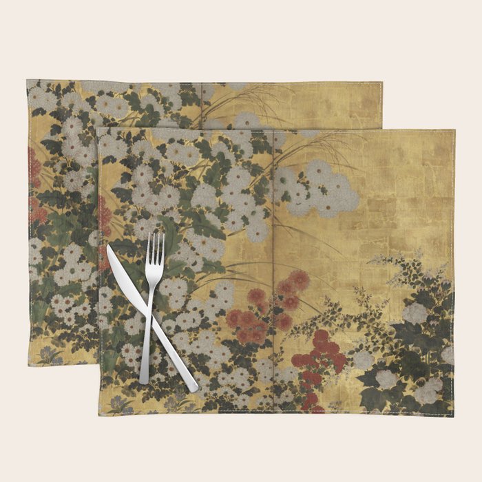 White Red Chrysanthemums Floral Japanese Gold Screen Placemat Gallery Image 1