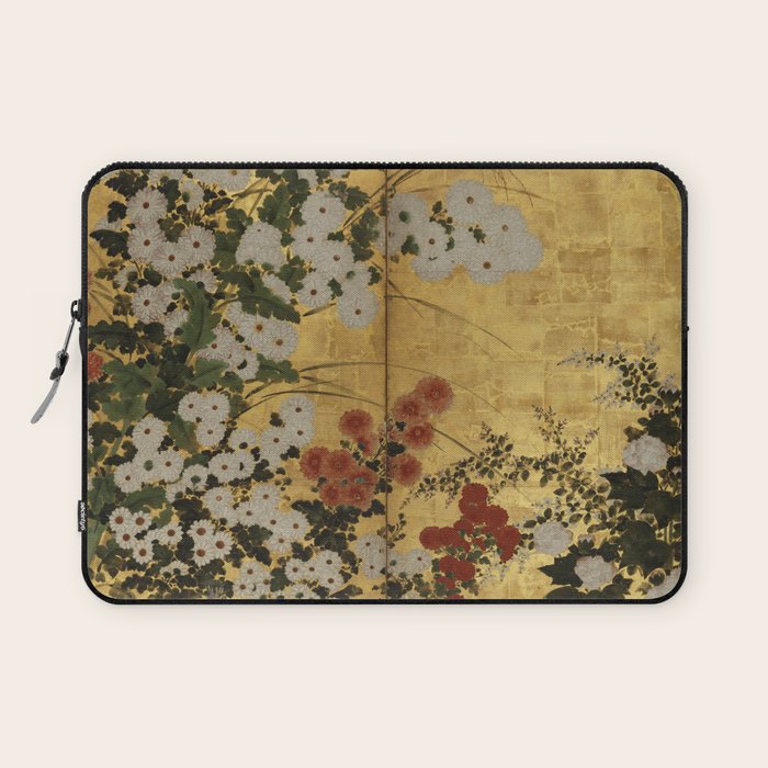 White Red Chrysanthemums Floral Japanese Gold Screen Laptop Sleeve Gallery Image 1