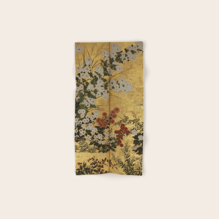 White Red Chrysanthemums Floral Japanese Gold Screen Bath Towel Gallery Image 1
