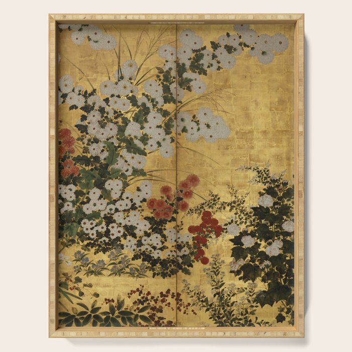 White Red Chrysanthemums Floral Japanese Gold Screen Serving Tray Gallery Image 1
