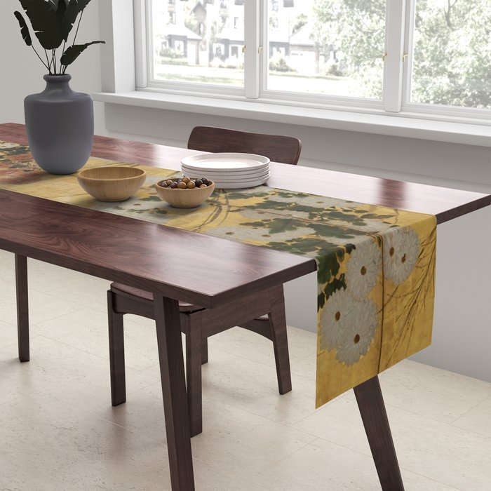 White Red Chrysanthemums Floral Japanese Gold Screen Table Runner Gallery Image 2