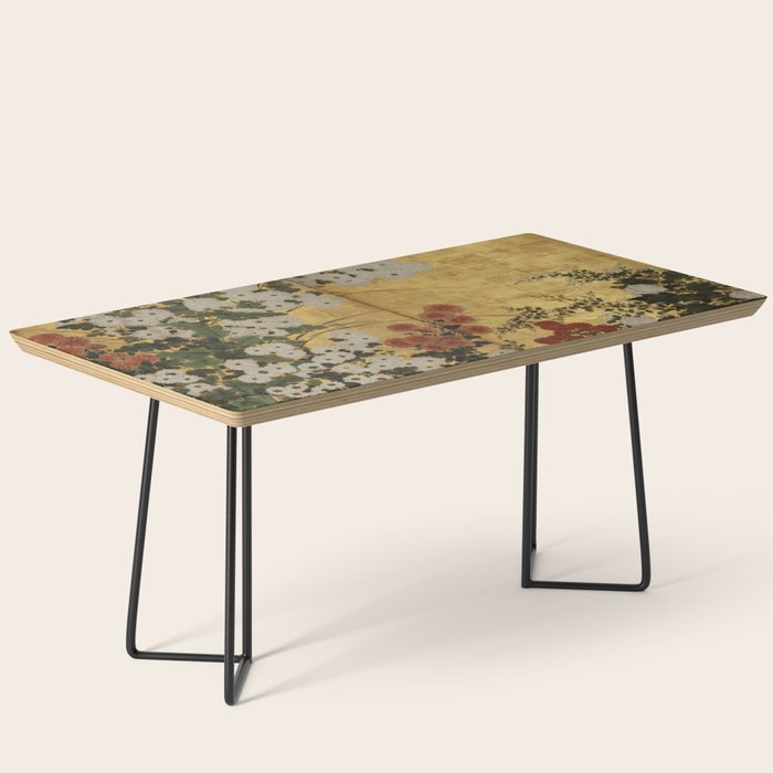 White Red Chrysanthemums Floral Japanese Gold Screen Coffee Table Gallery Image 1