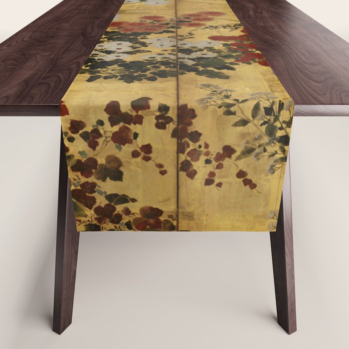 White Red Chrysanthemums Floral Japanese Gold Screen Table Runner Gallery Image 1
