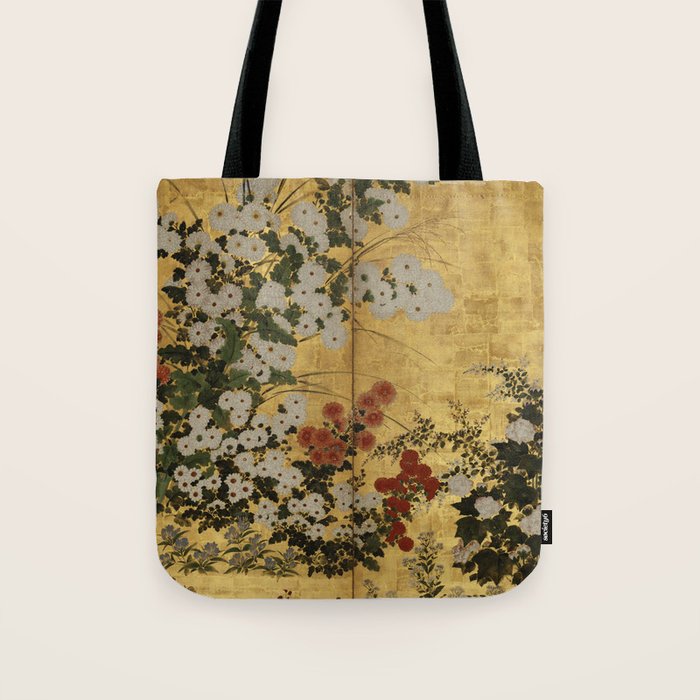White Red Chrysanthemums Floral Japanese Gold Screen Tote Bag Gallery Image 1