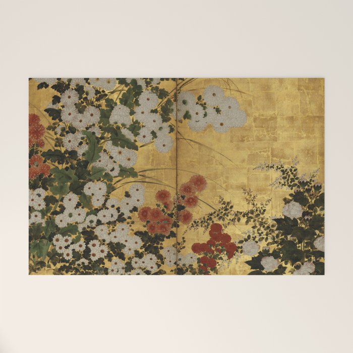 White Red Chrysanthemums Floral Japanese Gold Screen Welcome Mat Gallery Image 1