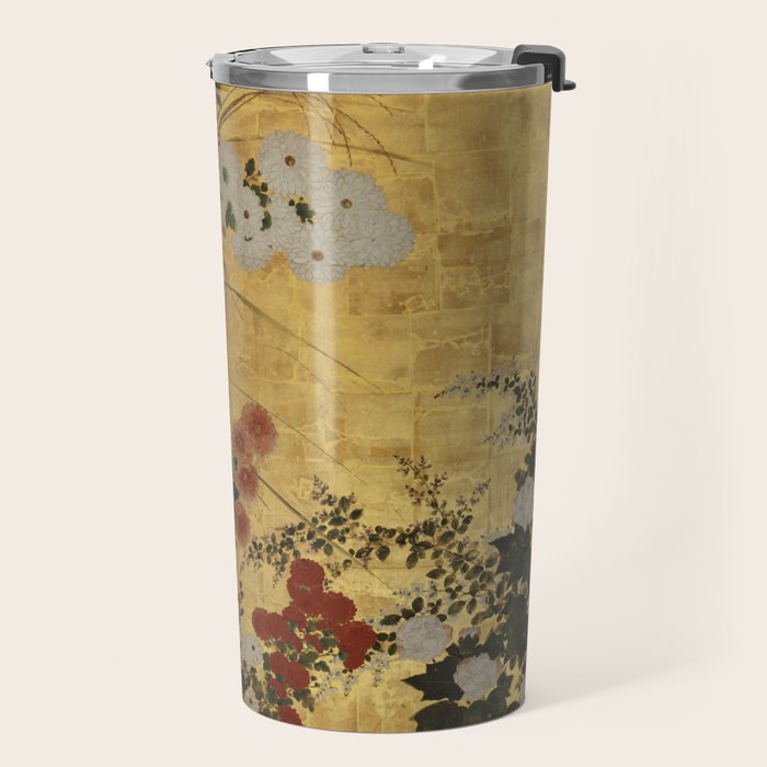 White Red Chrysanthemums Floral Japanese Gold Screen Travel Mug Gallery Image 2