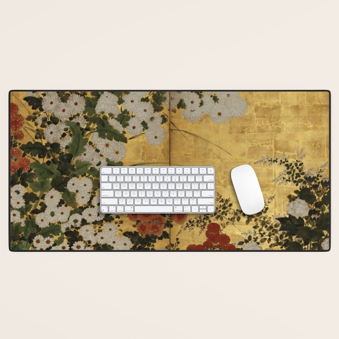 White Red Chrysanthemums Floral Japanese Gold Screen Desk Mat Gallery Image 1