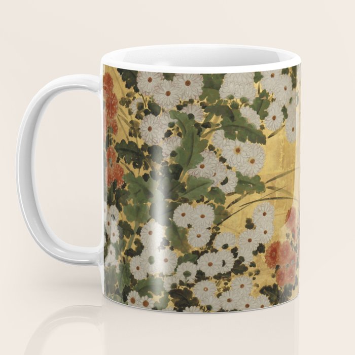White Red Chrysanthemums Floral Japanese Gold Screen Coffee Mug Gallery Image 3