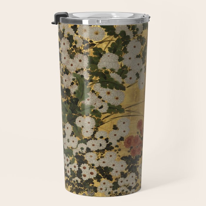 White Red Chrysanthemums Floral Japanese Gold Screen Travel Mug Gallery Image 3