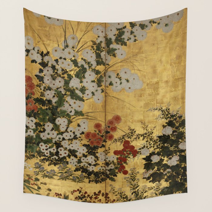White Red Chrysanthemums Floral Japanese Gold Screen Wall Tapestry Gallery Image 4