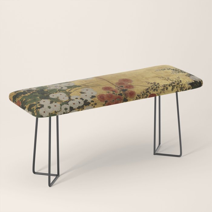 White Red Chrysanthemums Floral Japanese Gold Screen Bench Gallery Image 1