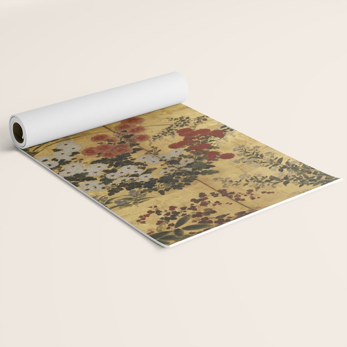 White Red Chrysanthemums Floral Japanese Gold Screen Yoga Mat Gallery Image 2
