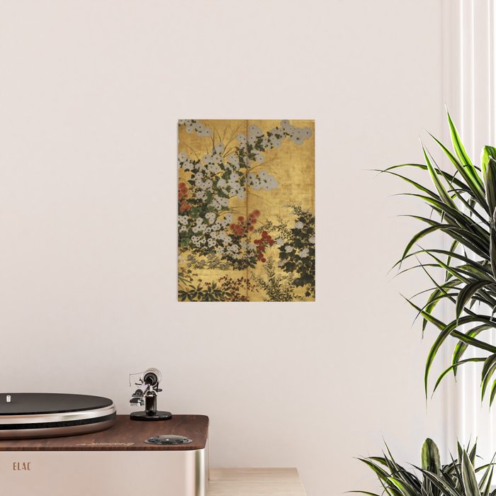 White Red Chrysanthemums Floral Japanese Gold Screen Poster Gallery Image 2