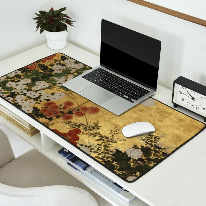 White Red Chrysanthemums Floral Japanese Gold Screen Desk Mat Gallery Image 2