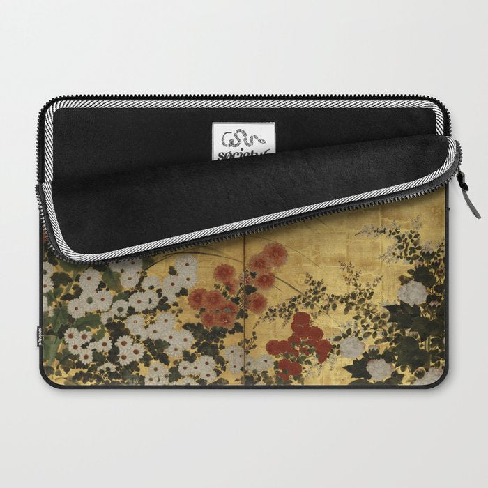 White Red Chrysanthemums Floral Japanese Gold Screen Laptop Sleeve Gallery Image 2