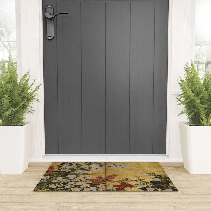 White Red Chrysanthemums Floral Japanese Gold Screen Welcome Mat Gallery Image 3